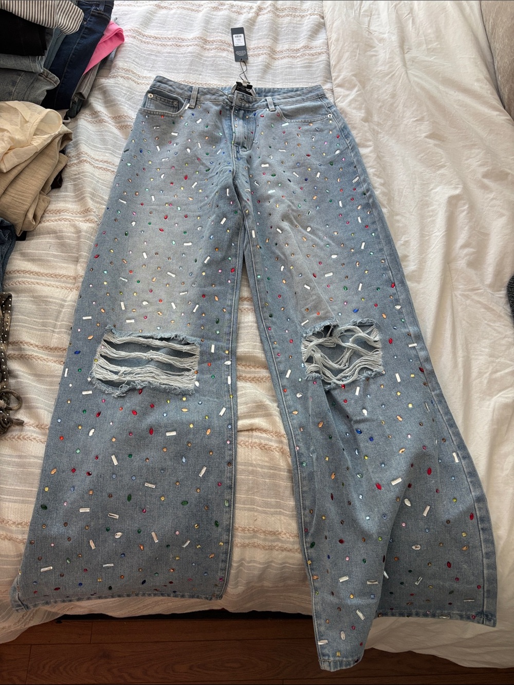 Fashion Nova Light Blue Wide-Leg Embellished Distressed Jeans